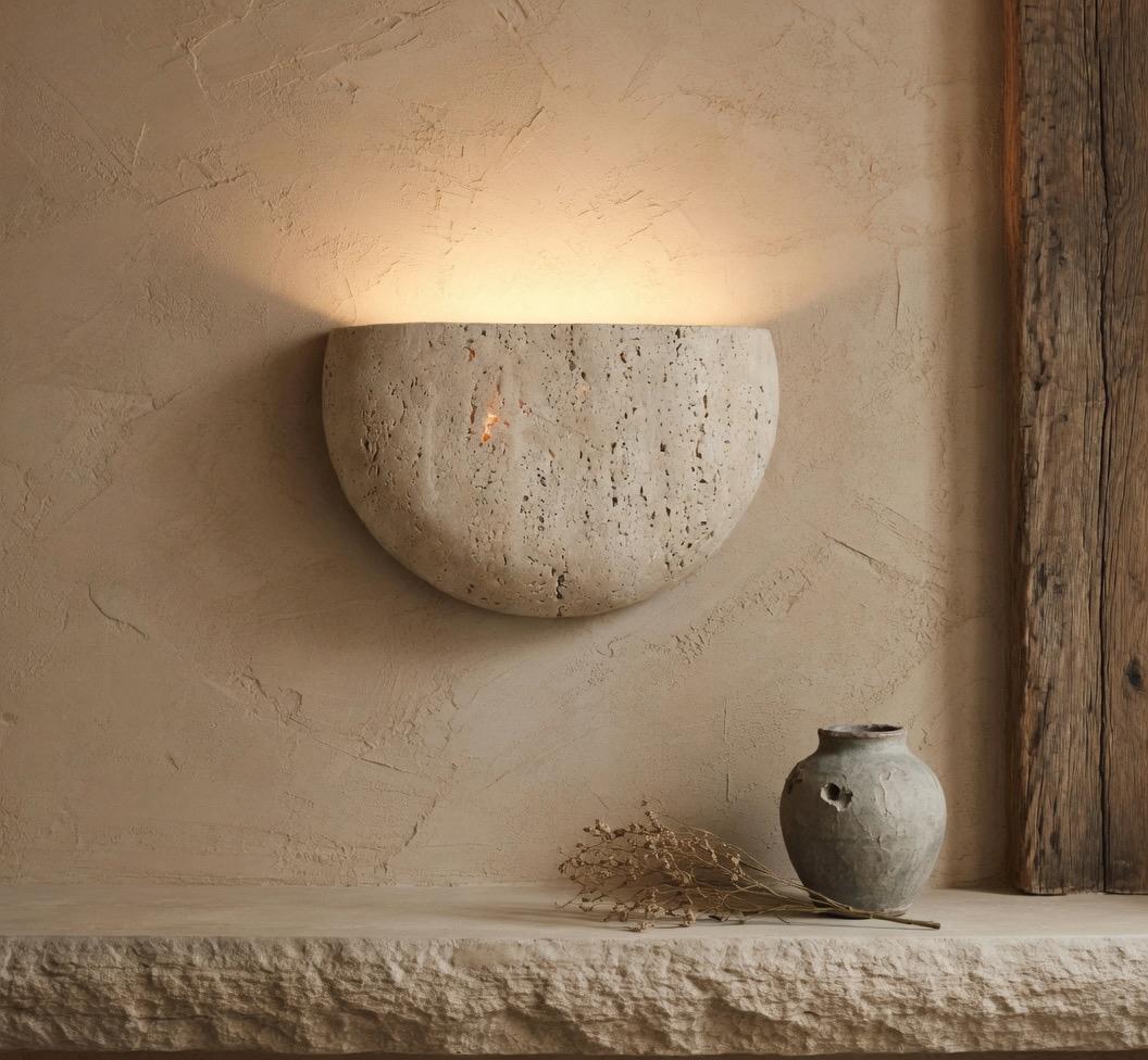 Détail pierre travertin demi-lune surface poreuse naturelle beige uplighter Wabi-Sabi – Atelier Fancy Light