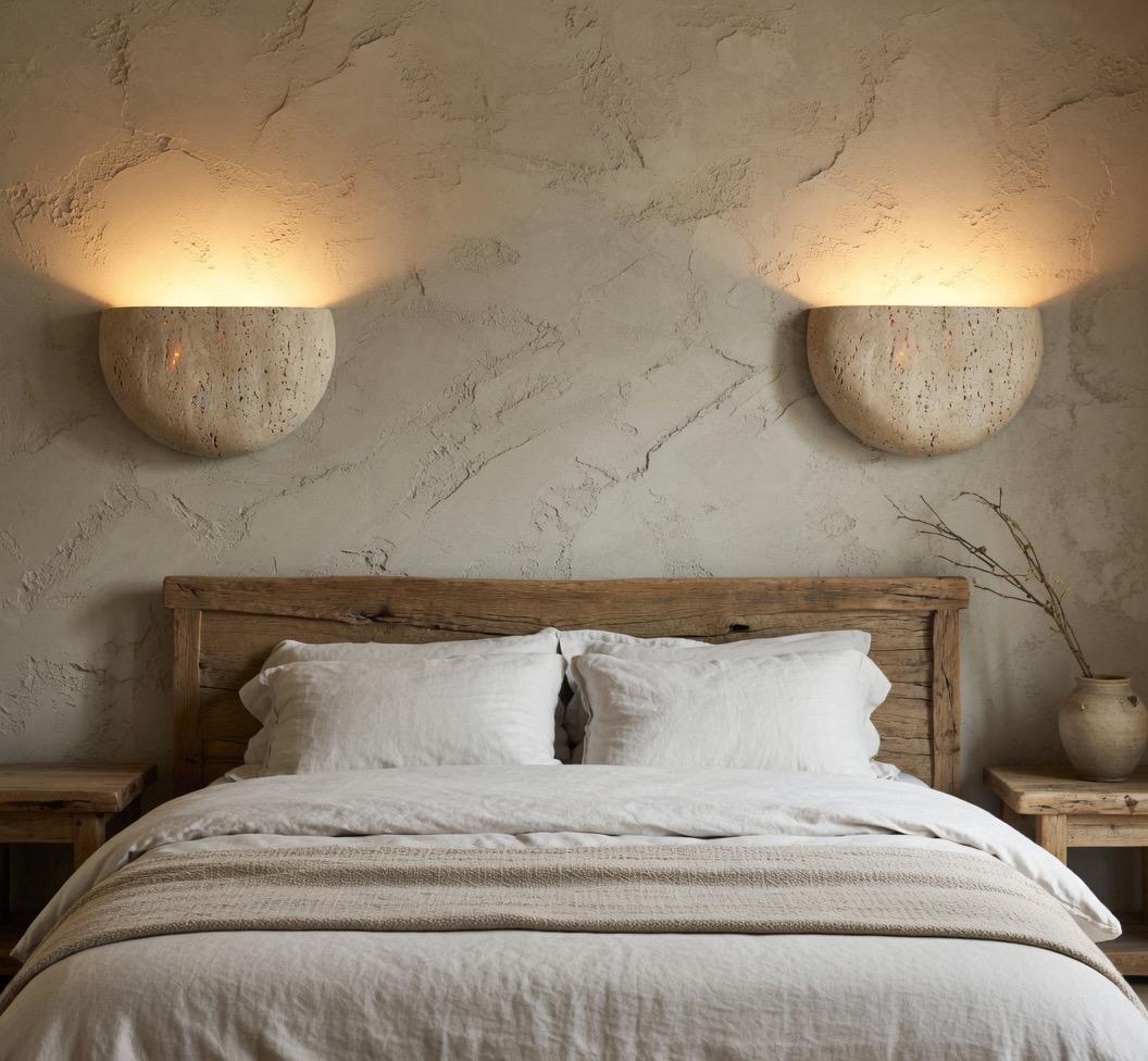 Applique demi-lune travertin lumière indirecte montante chambre tête de lit Wabi-Sabi – Atelier Fancy Light