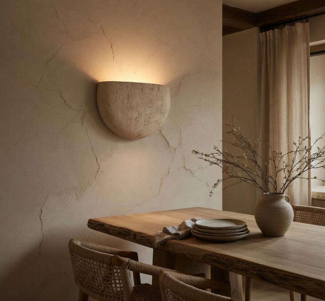 Ambiance applique demi-lune travertin halo mural couloir salon effet architectural – Atelier Fancy Light