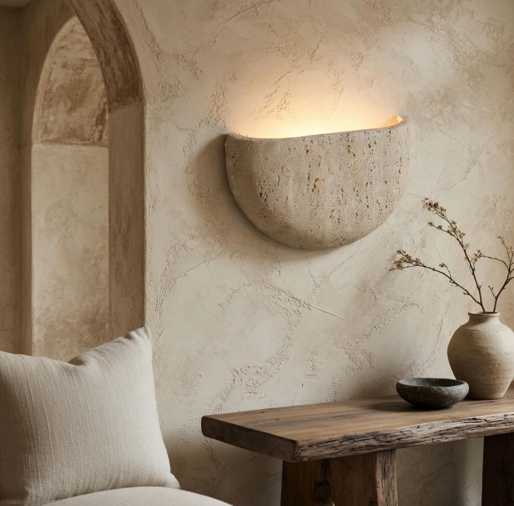 Trio appliques demi-lune travertin montage mural décoration intérieure minimaliste – Atelier Fancy Light