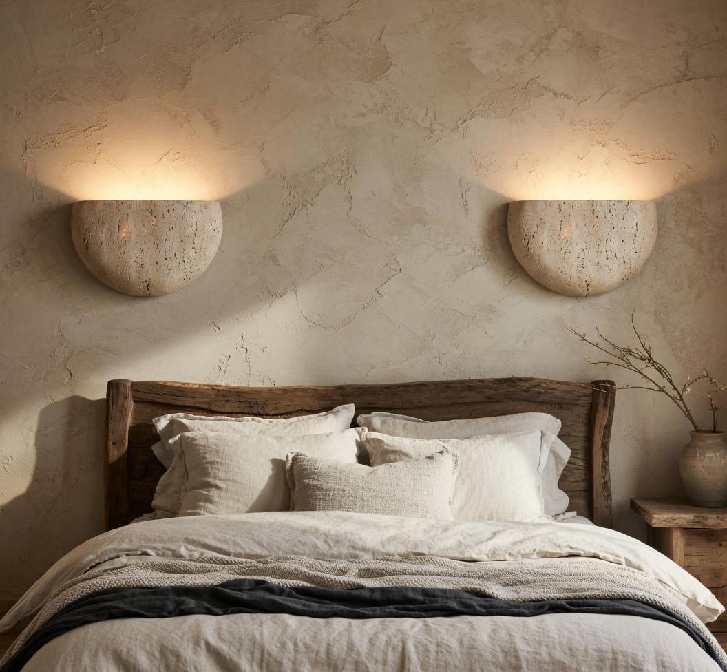 Applique travertin demi-lune éclairage uplighter entrée appartement design Japandi – Atelier Fancy Light