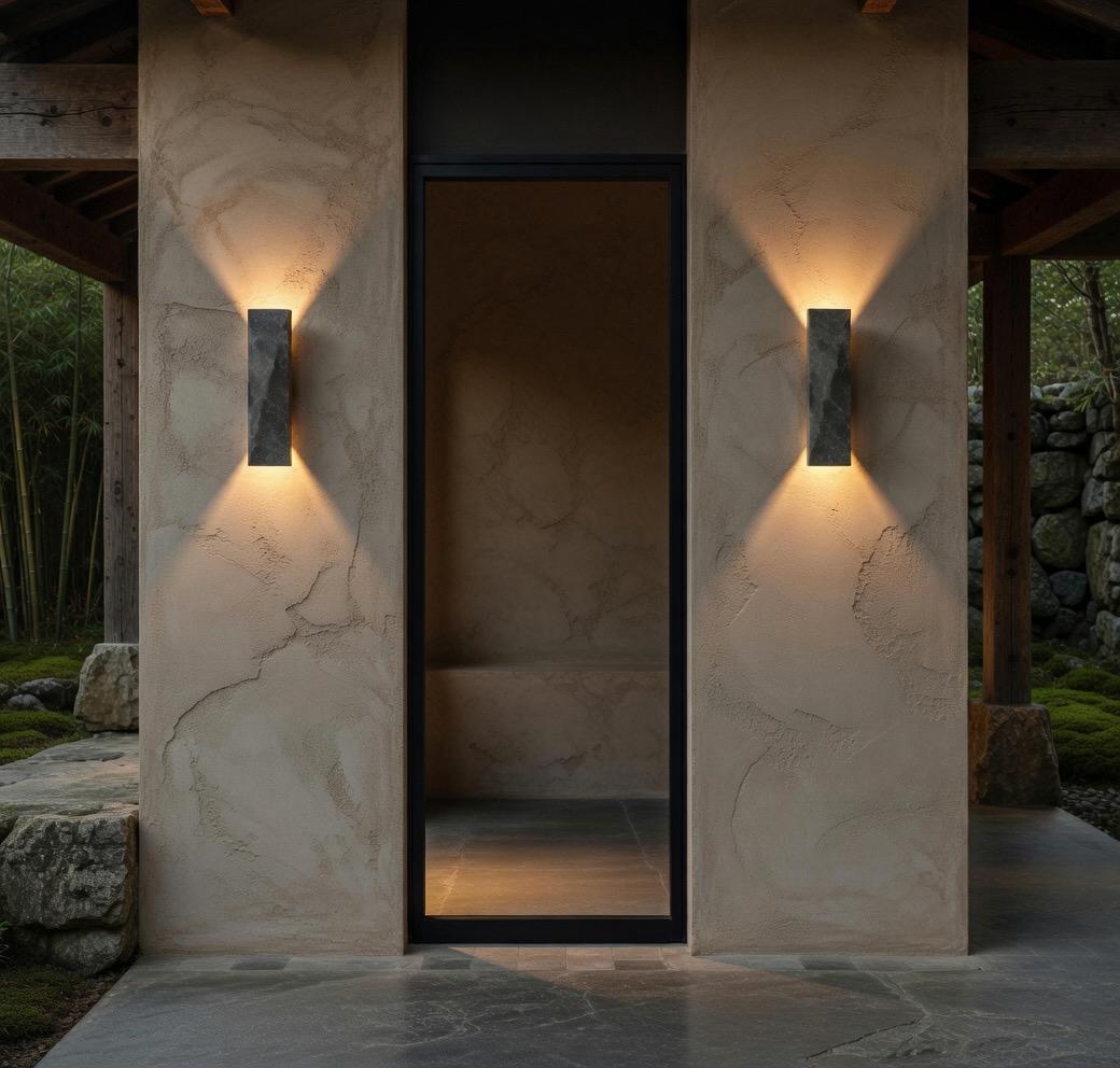 Applique travertin rectangle double halo LED intégrée 3000K éclairage mur salon Japandi – Atelier Fancy Light