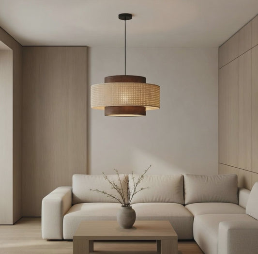 Rattan-Pendelleuchte Doppelring – Japandi Zweifarbig