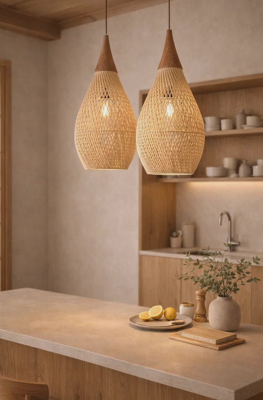 Rattan-Hängeleuchte — Handgeflochtene Wabi-Sabi-Rattanleuchte